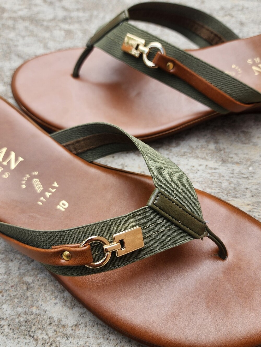 Italian Shoemakers Vale Olive Green, Gold Tone Buckle Detail Thong Sandals, 10